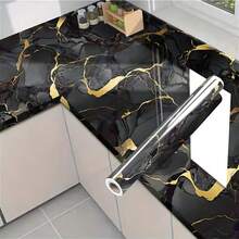 1 Roll Gold Marble Pattern Self-Adhesive PVC Wallpaper/Washable/Easy To Install/Removable/Suitable For Kitchen/Bathroom/Living Room Wall Decoration/Bathroom Decor/Modern Kitchen Decor/Peel And Stick Wallpaper - Black - View 2