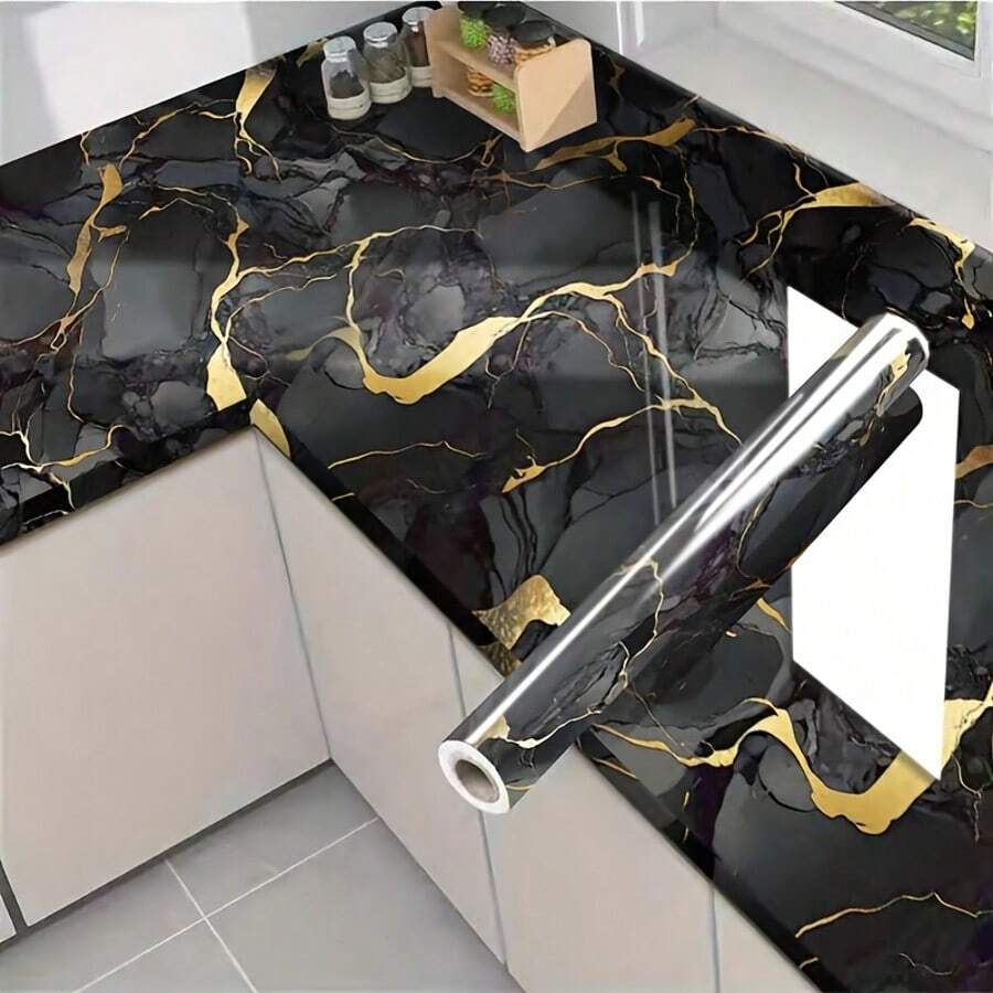 1 Roll Gold Marble Pattern Self-Adhesive PVC Wallpaper/Washable/Easy To Install/Removable/Suitable For Kitchen/Bathroom/Living Room Wall Decoration/Bathroom Decor/Modern Kitchen Decor/Peel And Stick Wallpaper