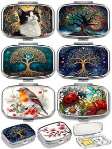 Caja redonda de píldoras con diseño vintage de árbol, floral, gato y colibrí - Organizador de píldoras de metal con 3 compartimentos y diseño de nota musical, conveniente para viajes, oficina o regalo, adecuado para bolso - Multicolor - Ver 8