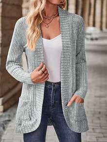 Plus Size Women Solid Color Long Sleeve Knitted Cardigan - Grey - View 3