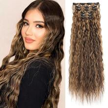Clip In Hair Extensions, 6PCS Curly 24inch Long Synthetic Clip On Hairpiece For Women-Chocolate Brown With Caramel Blonde Highlights,ChocolateBrownwithCaramelBlondeHighlights - 巧克力棕色搭配焦糖金色挑染 - 查看 1