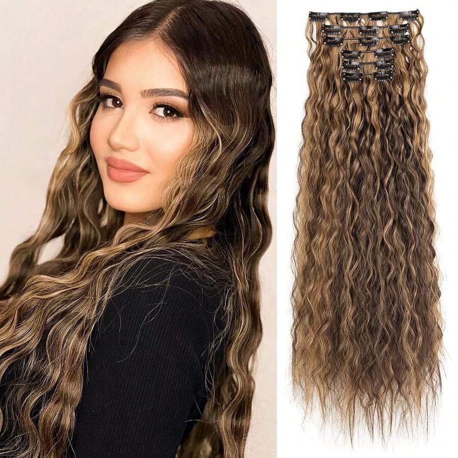 Clip In Hair Extensions, 6PCS Curly 24inch Long Synthetic Clip On Hairpiece For Women-Chocolate Brown With Caramel Blonde Highlights,ChocolateBrownwithCaramelBlondeHighlights - 巧克力棕色搭配焦糖金色挑染 - 查看 1
