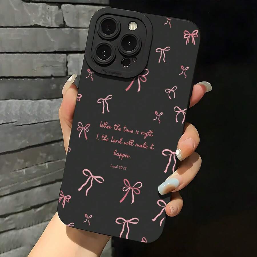 Elegant Black Phone Case, Designed With A Bow And Bible Verses For IPhone 16, 11, 15, 14, 13, 12 Pro Max And XR Plus - A Perfect Christian Gift For Women And Daughters. - 黑色 - 查看 1
