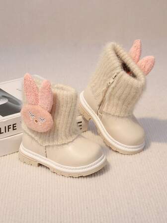 1双幼儿女童舒适轻便兔子装饰针织袜口侧拉链踝靴，适合秋冬季日常户外穿着