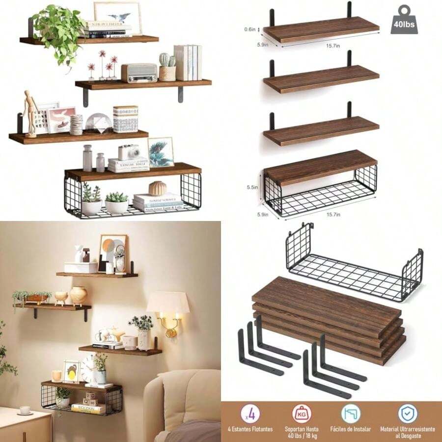 Estantes Flotantes Montados en la Pared - 5 PCS Repisas Flotantes - Estante de Pared, Capacidad de Carga 18 KG, 40 * 15 CM ()(Marrón Oscuro) - Multicolor - Ver 1