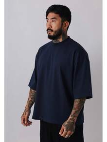 Premium High Neck Over Boxy T-Shirt - 藏蓝色 - 查看 2