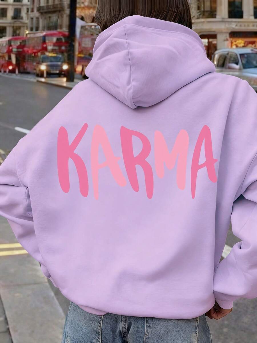 1件少女“KARMA”印花黑色卫衣，柔软舒适，日常休闲穿着 - 紫色 - 查看 1