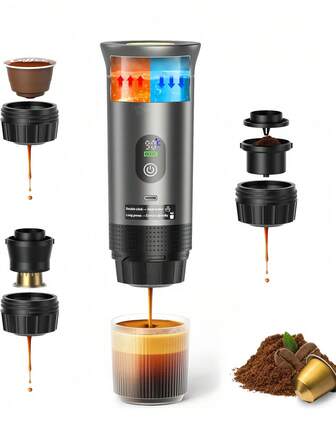 便携式两用咖啡机，72W 配备 7500mAh 电池，配备 LED 温度显示屏、冷热饮品、易于使用的按钮控制、带 USB-C 自加热的机器、研磨咖啡和胶囊（Ns&DG）适用于家庭、办公室、露营、汽车和旅行。