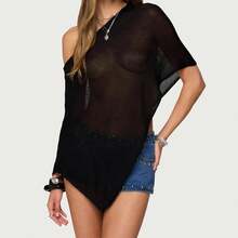Womens Sheer Poncho Top Lightweight Knit Shrug Shawl Off The Shoulder Mesh Blouse Cover Up Tops,29633195 - 黑色 - 查看 5