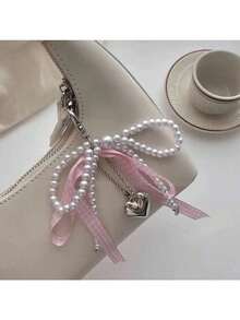 Pearl Ribbon Bow & Heart Pendant Keychain – Cute Bag Charm, Purse Accessory, Fashionable Keyring For Women, Adorable Hanging Decoration - Pink - View 2