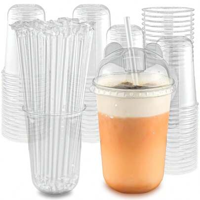 100/60/20個 16オンス使い捨てプラスチックカップ ドームリッド付き、透明アイスコーヒーカップ、丸底プラスチックカップ ミルクセーキ、ジュース、パーティー、屋外ピクニックに適しています、かわいいクマのパターン