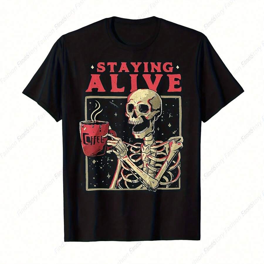 Staying Alive Skull T-Shirt For  Cotton Vintage Short Sleeve O Neck Sports New  Tops Tee - 黑色22 - 查看 1