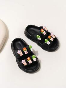 1 Pair Kids/Toddlers Flower Decor EVA Soft Bottom Casual Outdoor Beach Comfortable Slip-On Sandals, Open Toe & Heel, Suitable For Indoor & Outdoor Beach Wear - Black - View 12