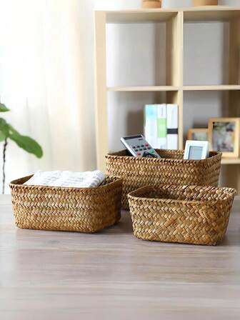 1pc Mini Seagrass Woven Storage Basket - Small Desk Organizer For Snacks Cosmetics And Miscellaneous Items Home And Picnic Decorative Bin