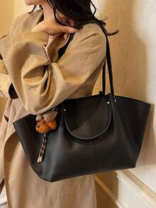 Túi xách BEIKAMU (có mặt dây chuyền) thời trang màu trơn PU dung tích lớn, túi xách đeo vai nữ hai quai xách, thích hợp đi học, đi làm, mua sắm, đi dạo, sử dụng hàng ngày - màu đen - Xem 6