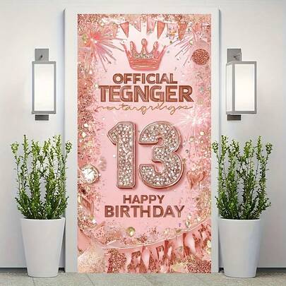 2D门帘，1件装，13岁生日门帘 - 粉色和金色闪光，33.02厘米设计，带有皇冠和烟花图案，涤纶材质，适用于室内外装饰，可用于相机、家居装饰和庆祝活动、生日派对装饰、庆祝活动配件、营造节日气氛、装饰、女孩装饰、生日快乐装饰、生日装饰、背景、相机画布。