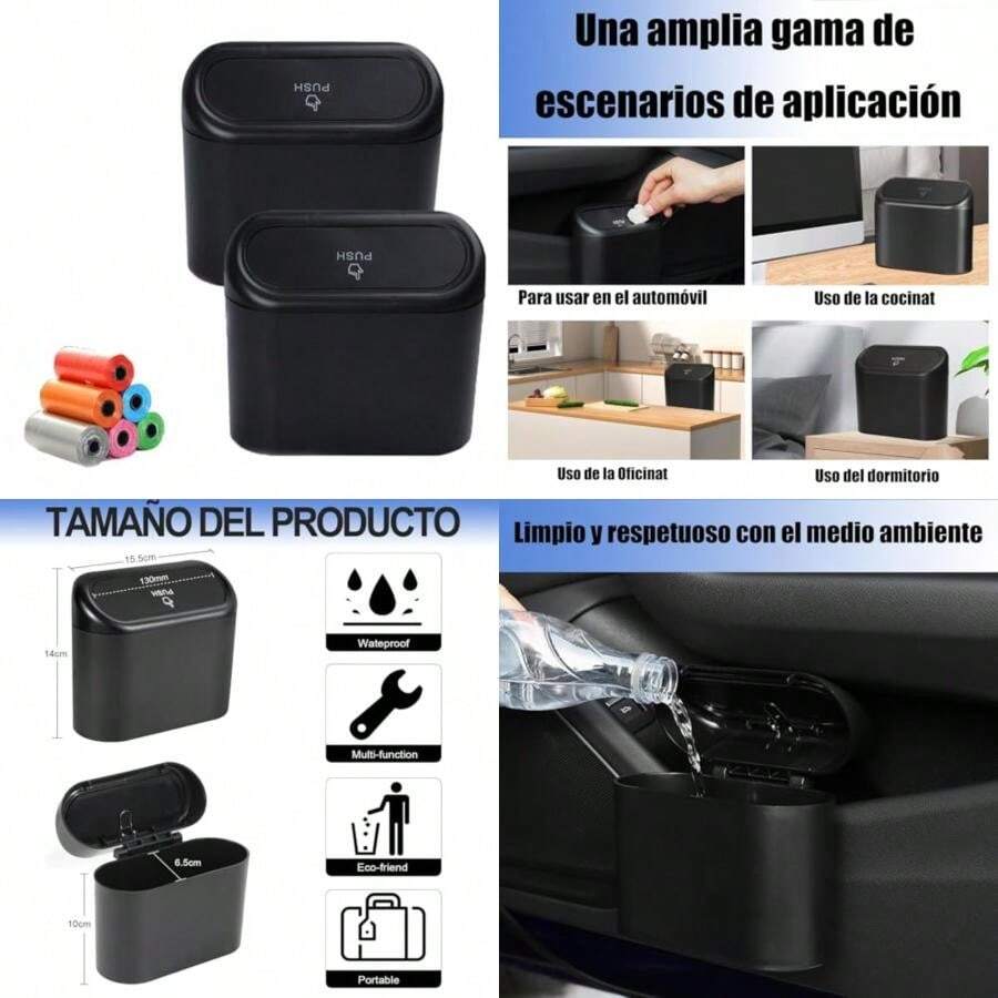 2 Pack Cubo de Basura Para Coche con Tapa, Mini Bote de Basura para Auto con 5 Rollos de Bolsas de Basura Portátil Organizador de Basura para Automóviles Accesorios Cubeta de Basura(default) - Multicolor - Ver 1