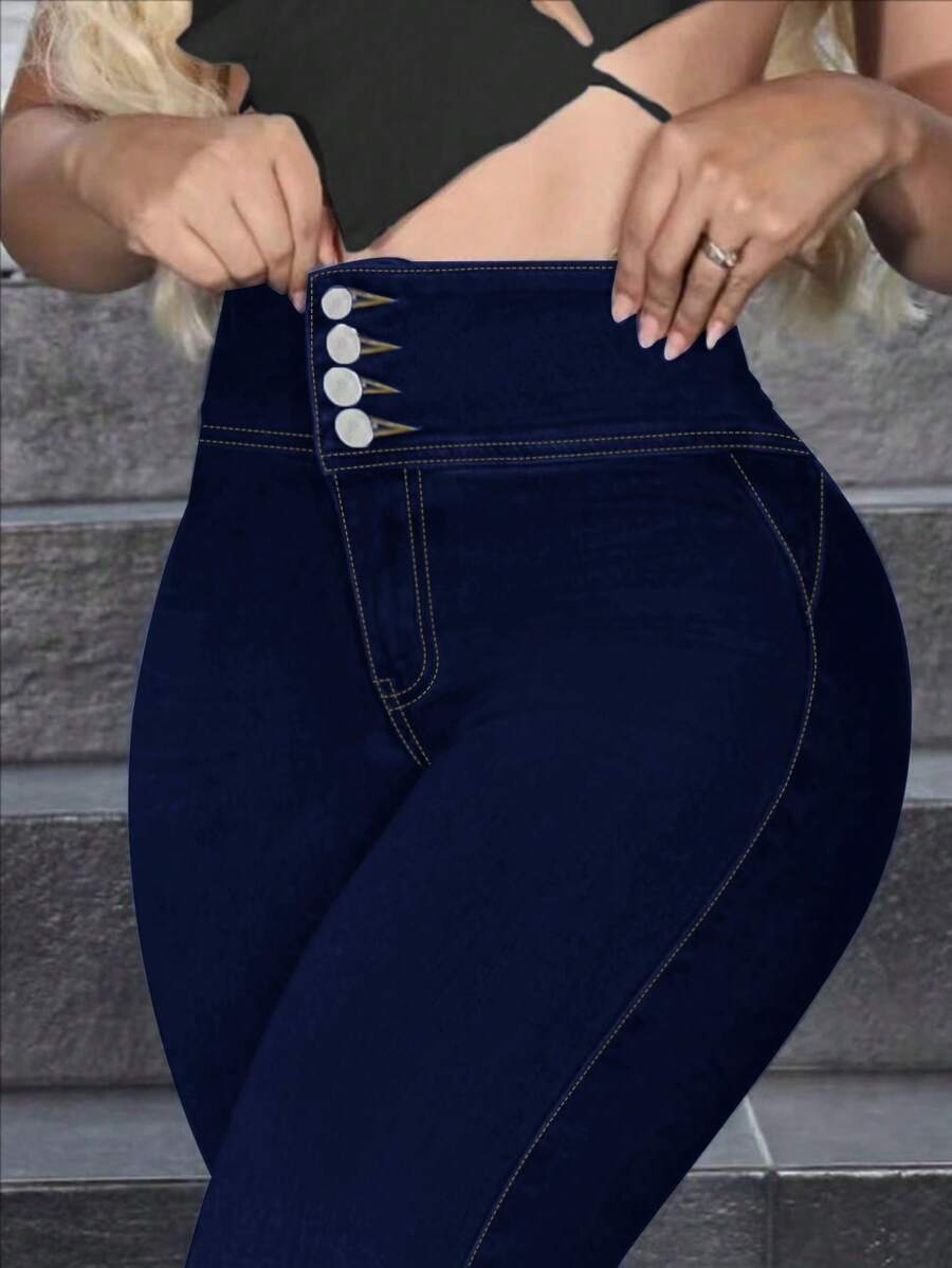 女士高腰修身铅笔裤，凸显身材曲线，适合春夏、度假、假日穿着，休闲牛仔风格，百搭户外服饰 - 寶藍色 - 查看 1