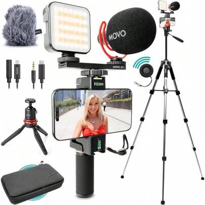 Kit de Vlogging iVlogger - PRO: Compatible con y Android, Micrfono VXR10, Luz RGB Recargable, Trpode Completo, Accesorios Incluidos