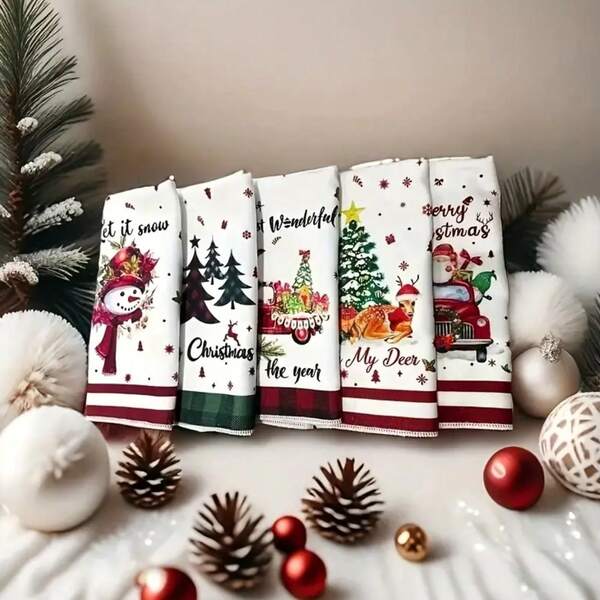 1/5 piezas Toallas de Navidad de microfibra ultra suave - Patrones de dibujos animados festivos con copos de nieve y árboles, alta absorción para decoración de baño, artículos esenciales de baño navideños, paños de lavado, toallas de baño, toallas de mano, toallas de mano para el baño