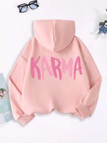 1pc Teen Girl "KARMA" Print Black Sweatshirt, Soft And Comfortable, Daily Leisure Wear - Pink - View 3