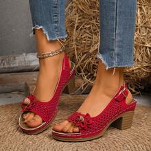 Women's Summer New Breathable Fashion Chunky Heel Anti-Slip Handmade Flower Decor High Heel Sandals - Red - View 9