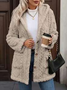 Plus Size, 's Plus Size Oversized Hooded Jacket With Plush Faux Fur Coat - Beige Winter Coat, H-Line Silhouette, Single-Breasted Button Front & Split Hem, Machine Washable Warm Outerwear For Plus-Size Ladies (Autumn/Winter) - Xám - Xem 2