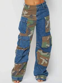 Magic Mia Women's Camo & Denim Patchwork Cargo Pants - High Waist Multi-Pockets & Loose Fit | Edgy Street Style For Casual Daily &  Outfits (Unique Patchwork & Durable) For Statement-Making Looks - Blue - View 2