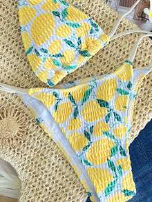 Bộ bikini nữ mới đơn giản, dễ thương, in hình chanh, kiểu xếp ly, buộc dây phía trước. - trắng - Xem 6