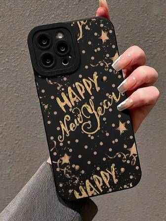 1ชิ้น เคสโทรศัพท์สีดำลายดาว "Happy" แฟชั่นส่วนบุคคล, เข้ากันได้กับ iPhone 13, 11, 14 Pro Max, 13 Pro, 15/15 Plus/15 Pro/15 Pro Max/12/12 Pro/12 Pro Max/14/14 Pro/13 Pro Max และรุ่นอื่นๆ