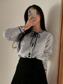 Contrast Color Tie Neck Single-Breasted Loose Knit Cardigan - Grey - View 9