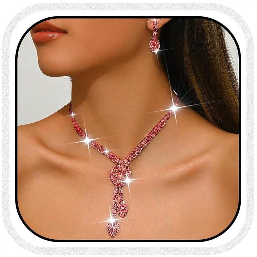 Unicra Silver Rhinestone Bridal Wedding Jewelry Set Crystal Necklace Earrings Sets Formal Prom Costume Jewelry Sets For Women And Brides,Red - 紅色 - 查看 1