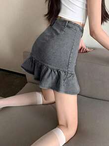 女式拼布荷叶边下摆休闲牛仔迷你裙 - 灰色 - 查看 2