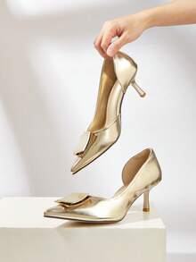 2025 Zapatos de tacón elegantes de punta cuadrada con hebilla minimalista de unicolor para mujer (corte de empeine con textura de piedra aleatoria), otoño/invierno