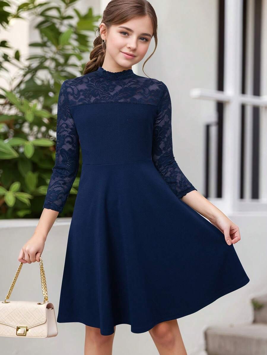 Tween Girl Elegant Lace Splice 3/4 Sleeve Party Dress - Navy Blue - View 1
