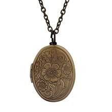 Vintage Engraved Flower Empaistic Photo Locket Hold Picture Oval Round Pendant Necklace Antique Carved Pattern Souvenir Memorial Clavicle Sweet Jewelry For Women,Brown - 棕色 - 查看 2
