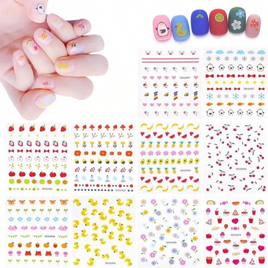 IHUKEIT 10 Sheets Cute Nail Stickers For Kids Including Animals Fruits Flowers Food Rainbow Leaves Designs Self Adhesive Nail Decals For Little Girls Women Nail Art Decoration Fun - ColorA - 查看 1