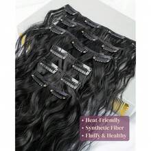 Clip In Hair Extensions, 6PCS 24inch Black Hair Extensions Long Mermaid Waves Wavy Synthetic Clip On Hairpiece For Women(Black),Black-Wavy - 黑波紋 - 查看 4
