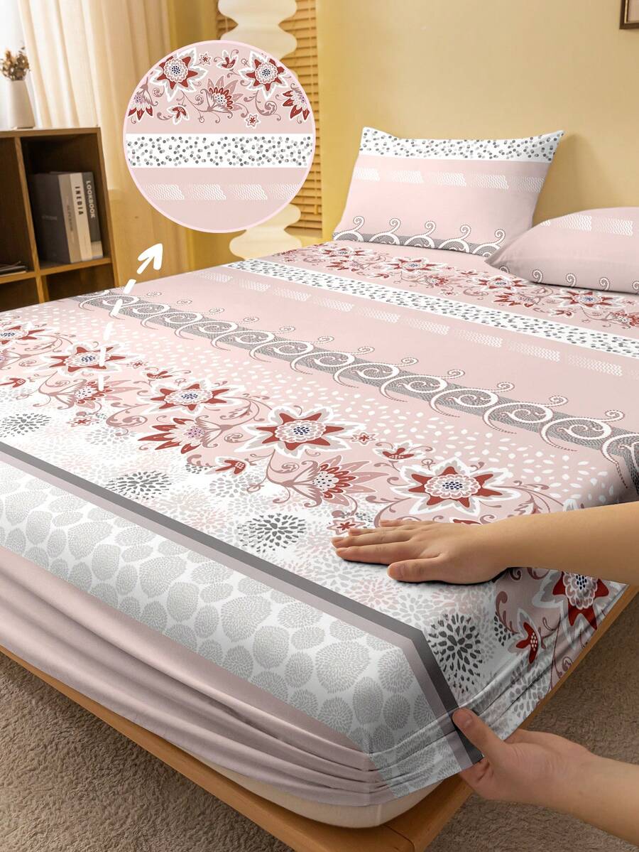 1件简约现代花卉藤蔓印花磨毛床笠，卧室印花床罩，床上用品（不含枕套） - 彩色 - 查看 1