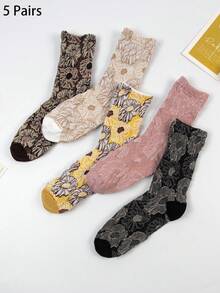 5 Pairs Rhombus Retro Plaid Floral Geometric Pattern Fashionable Korean Style Soft & Comfortable Mid-Calf Women Socks - Multicolor - View 6
