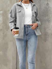 Simple Women's Autumn And Winter Loose Wool Coat - Light Grey - View 3