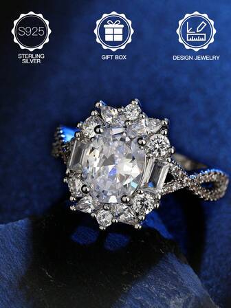 1枚S925纯银奢华波西米亚风立方氧化锆宝石戒指，适合女士日常佩戴、情人节、复活节、复活节礼物、结婚戒指，附赠礼盒