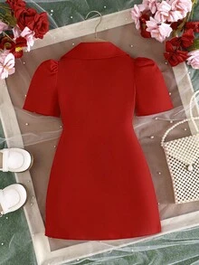 女童刺绣连衣裙，优雅翻领正式礼服，适合各种场合 - 紅色 - 查看 2