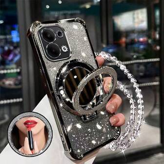 New Phone Drop-Resistant Anti-Drop Four Corner Anti Drop Case+Sparkling Pink Paper Pearl Hanging Rope Sparkling Pink Circular Makeup Mirror Magnetic Bracket Integrated Phone Case Compatible With IPhone 17/6/7/8/X/XS/XR/11/12/13/14/15/16,Galaxy S22/23/24, A04/05/06/A14/A15/A16/A24/A25/A34, Redmi Note 7/8/9/10/11/12/13 ,Redmi 9/10/12/13C,OPPO,MOTO,Honor X,HW,Realme C53 C55