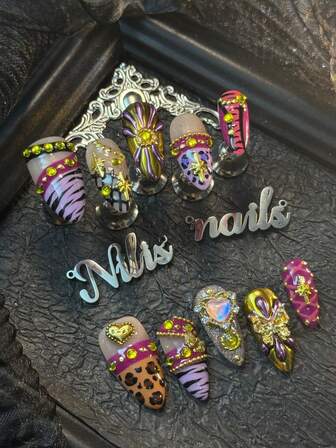 10pcs Almond Nail Set, Handmade Nail ArtStickers,3D Three-Dimensional Nail Rhinestone Accessories,Colorful Shiny Nail Gems, Purple&Brown&Gold Tie Dye, Purple French, Hand Drawn Heart Leopard Print&Zebra Pattern Design Wearable NailArt Set, 3D Heart&Butterfly&Starry Design, Suitable For Women To WearDaily Parties (With: A Piece Of JellyGlue And A Friction Strip) Nail SuppliesNails