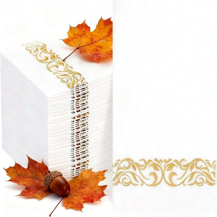 50PCS Gold Napkins Disposable - White And Gold Paper Napkins - Cloth-Like Feel Dinner Paper - Elegant Heavy Duty Hand Towels For Bathroom Than1ks 1giving Party Bridal Decorative Reception,White-1 - 白色-1 - 查看 1