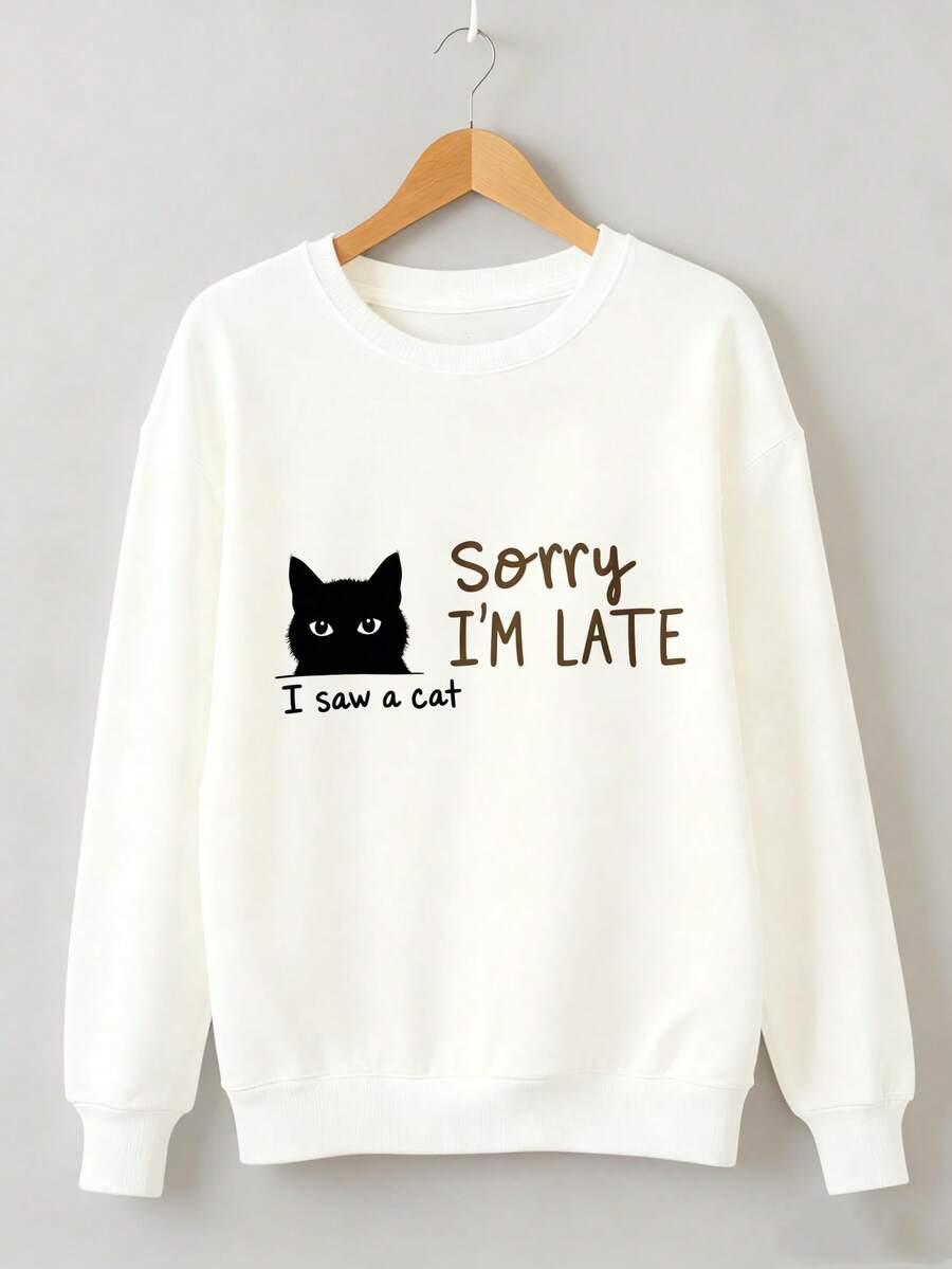 Sorry Im Late I Saw A Cat Funny Sweatshirt With Cat Graphic And Humorous Text For Cat Lovers Casual Wear Halloween Christmas Thanksgiving 280g Round Neck Sweatshirt - White - View 1