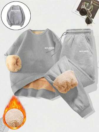 男士纯色休闲日常羊羔绒长袖印花卫衣裤套装，冬季