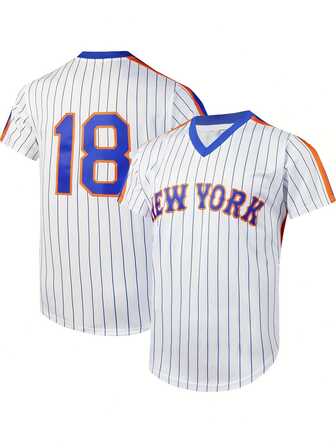 男士条纹短袖V领棒球衫，绣有字母和数字18，舒适训练和比赛上衣