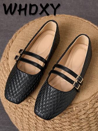 WHDXY 女士经典黑色方头平底鞋，适合工作和聚会等各种场合